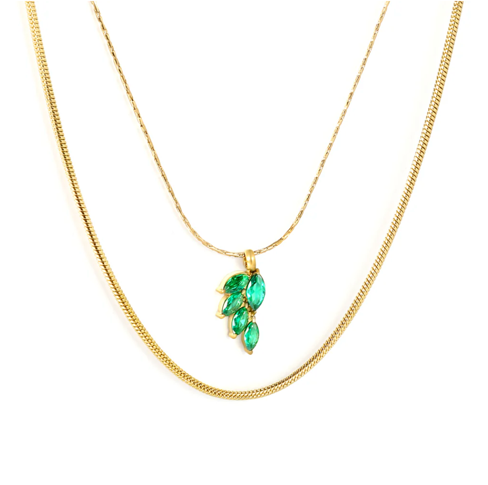 CARA Green Emerald Gemstone Double Chain Pendant Necklace
