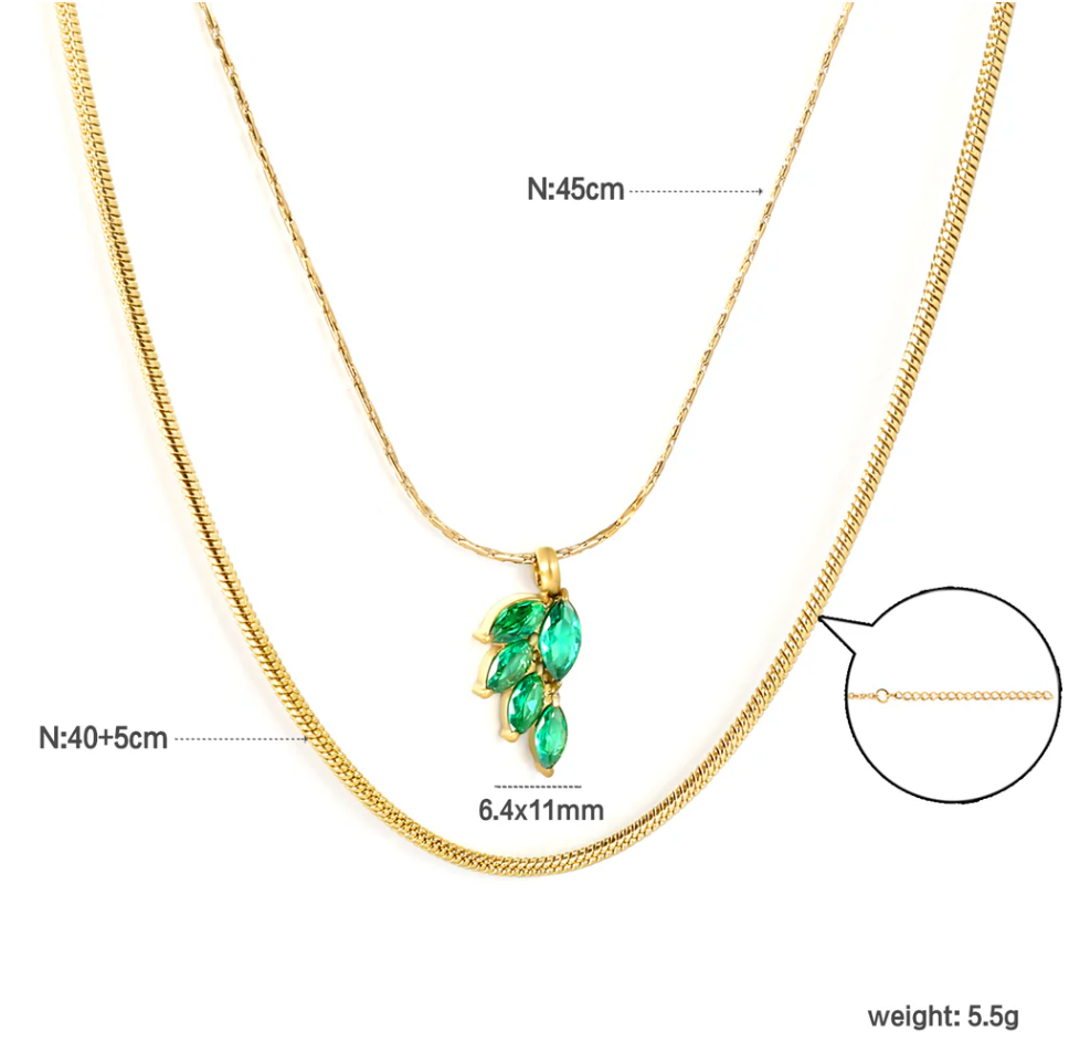 CARA Green Emerald Gemstone Double Chain Pendant Necklace