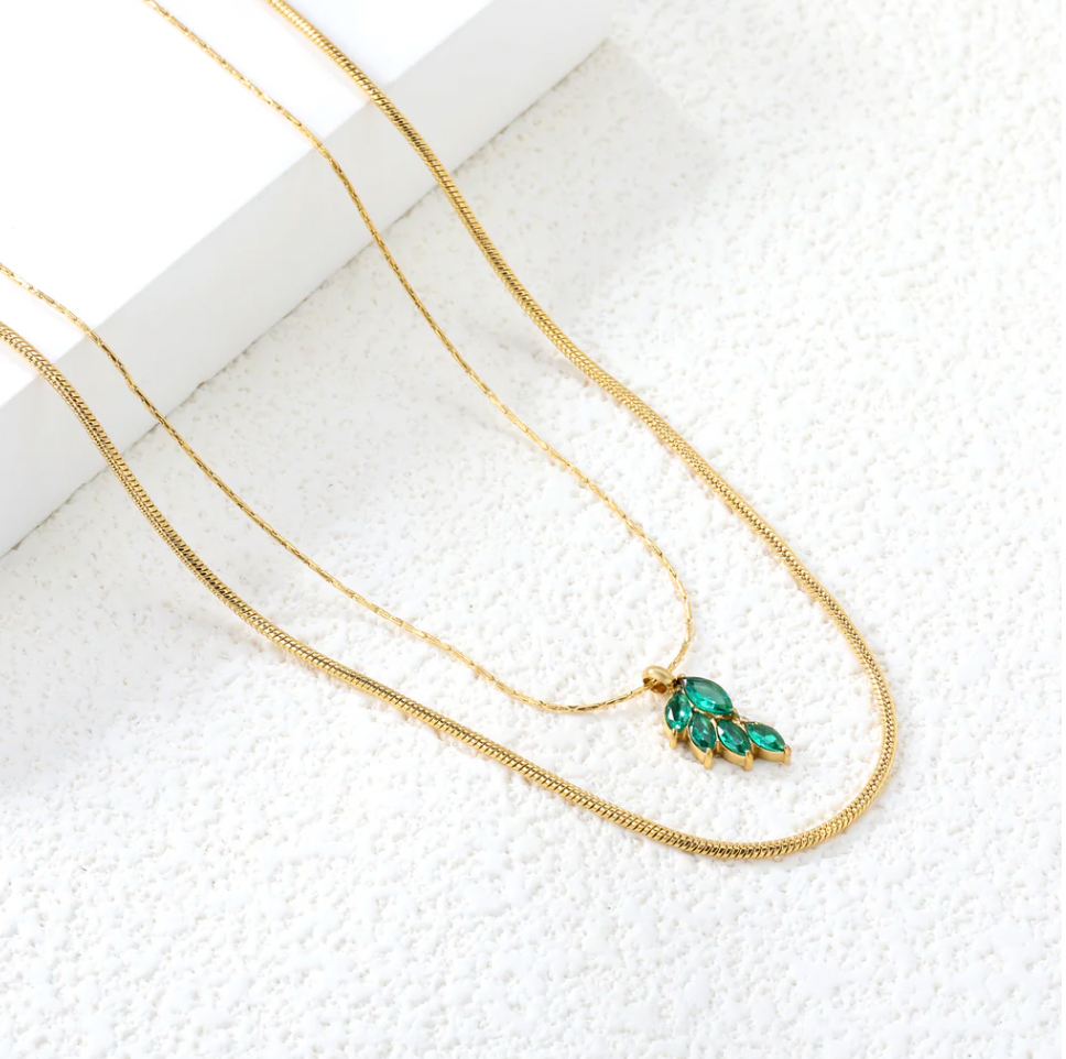 CARA Green Emerald Gemstone Double Chain Pendant Necklace